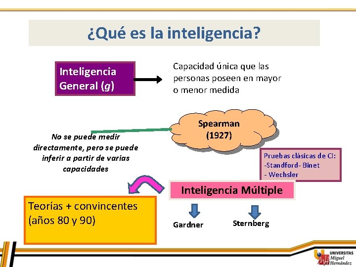 ¿Qué es la inteligencia? Inteligencia General (g) No se puede medir directamente, pero se