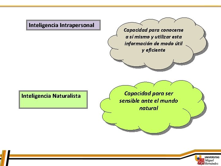 Inteligencia Intrapersonal Inteligencia Naturalista Capacidad para conocerse a sí mismo y utilizar esta información