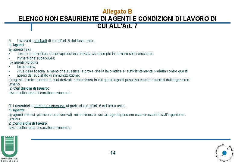 Allegato B ELENCO NON ESAURIENTE DI AGENTI E CONDIZIONI DI LAVORO DI CUI ALL'Art.