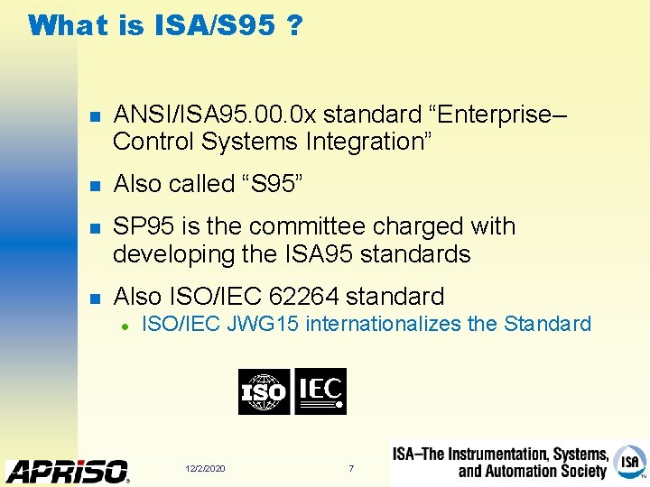 What is ISA/S 95 ? n ANSI/ISA 95. 00. 0 x standard “Enterprise– Control