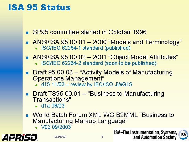 ISA 95 Status n SP 95 committee started in October 1996 n ANSI/ISA 95.