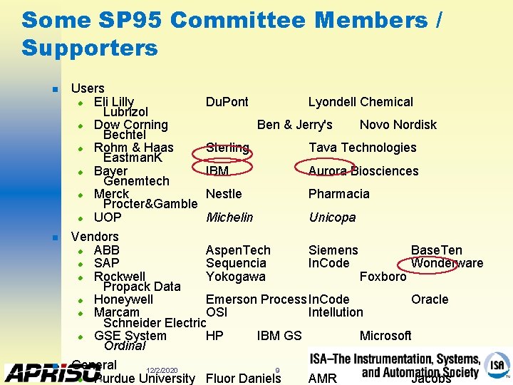 Some SP 95 Committee Members / Supporters n Users l Eli Lilly Lubrizol l