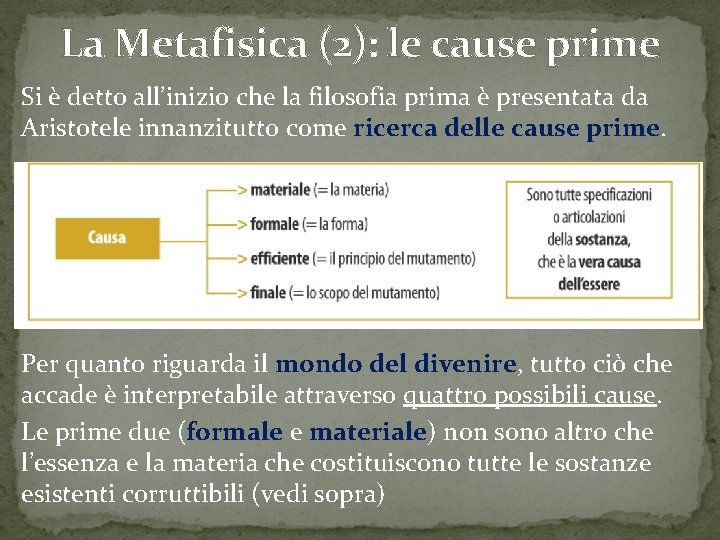 La Metafisica (2): le cause prime Si è detto all’inizio che la filosofia prima