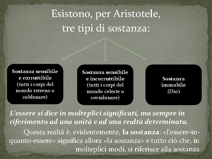 Esistono, per Aristotele, tre tipi di sostanza: Sostanza sensibile e corruttibile (tutti i corpi