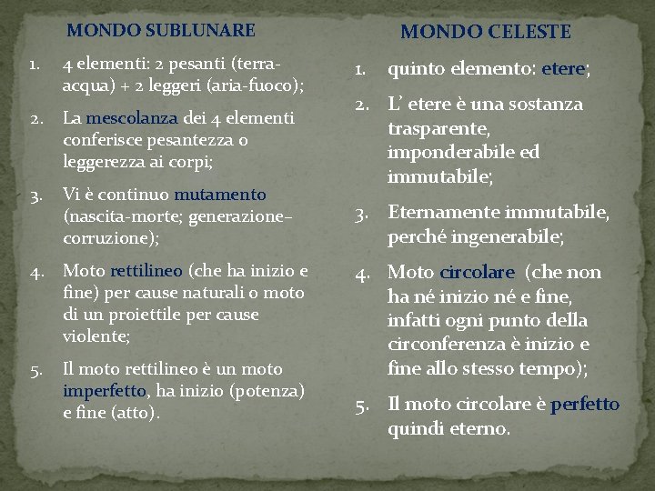 MONDO SUBLUNARE 1. 4 elementi: 2 pesanti (terraacqua) + 2 leggeri (aria-fuoco); 2. La