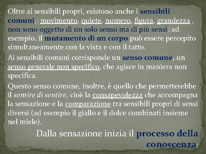 Oltre ai sensibili propri, esistono anche i sensibili comuni, : movimento, quiete, numero, figura,