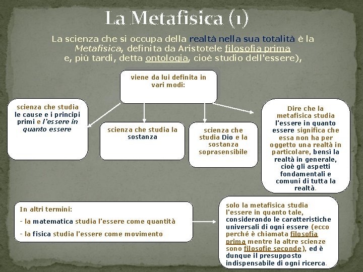 La Metafisica (1) La scienza che si occupa della realtà nella sua totalità è