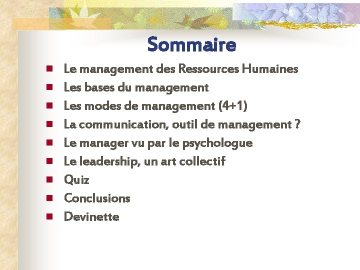 Sommaire n n n n n Le management des Ressources Humaines Les bases du