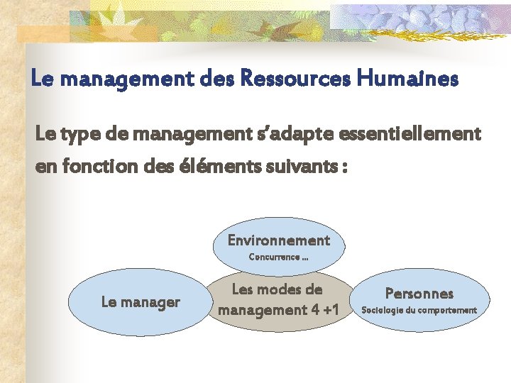 Le management des Ressources Humaines Le type de management s’adapte essentiellement en fonction des