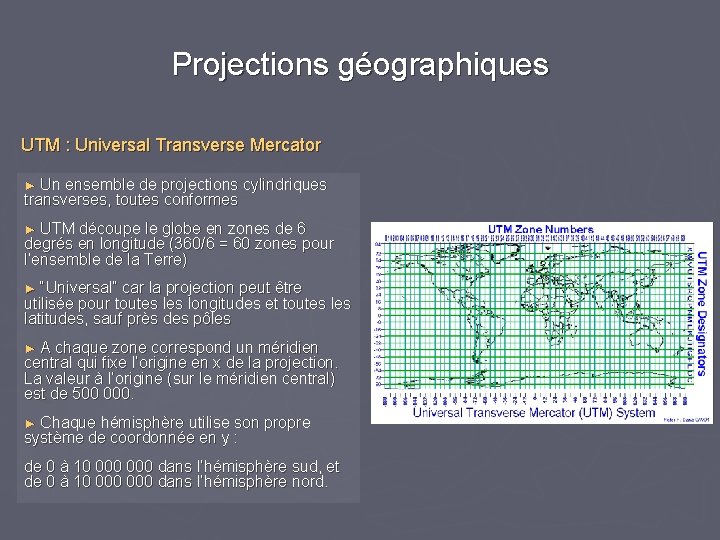 Projections géographiques UTM : Universal Transverse Mercator ► Un ensemble de projections cylindriques transverses,