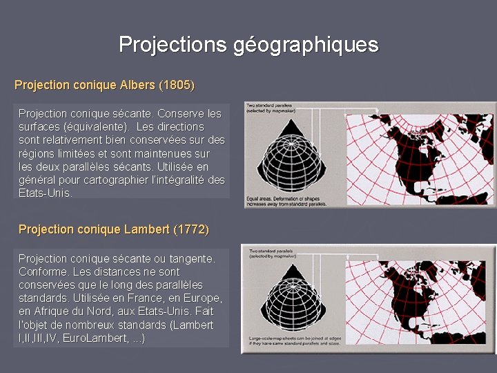 Projections géographiques Projection conique Albers (1805) Projection conique sécante. Conserve les surfaces (équivalente). Les