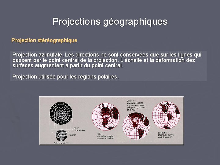 Projections géographiques Projection stéréographique Projection azimutale. Les directions ne sont conservées que sur les