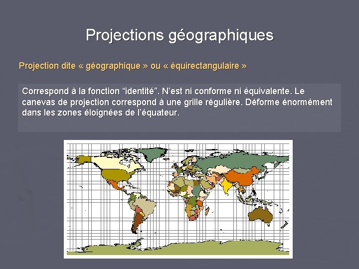 Projections géographiques Projection dite « géographique » ou « équirectangulaire » Correspond à la