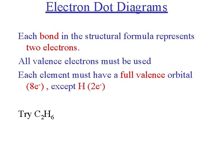 Electron Dot Diagrams Each bond in the structural formula represents two electrons. All valence