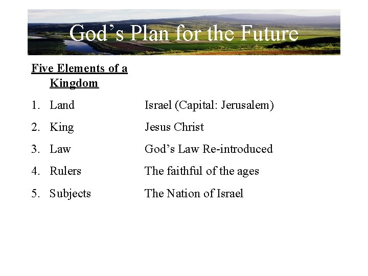 God’s Plan for the Future Five Elements of a Kingdom 1. Land Israel (Capital:
