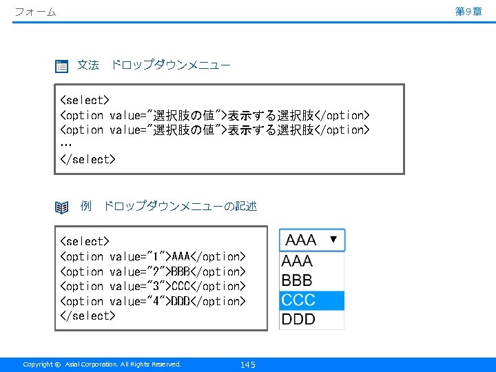 フォーム 第 9章 文法　ドロップダウンメニュー <select> <option value="選択肢の値">表示する選択肢</option> … </select> 例　ドロップダウンメニューの記述 <select> <option value="1">AAA</option> <option