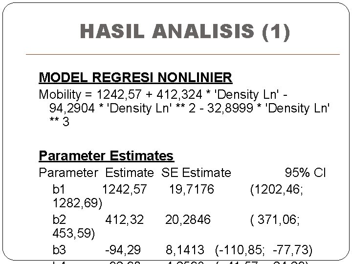 HASIL ANALISIS (1) MODEL REGRESI NONLINIER Mobility = 1242, 57 + 412, 324 *