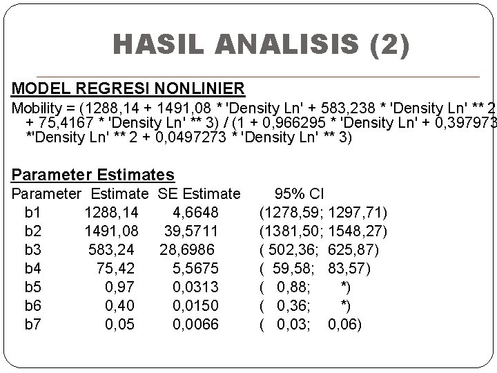 HASIL ANALISIS (2) MODEL REGRESI NONLINIER Mobility = (1288, 14 + 1491, 08 *