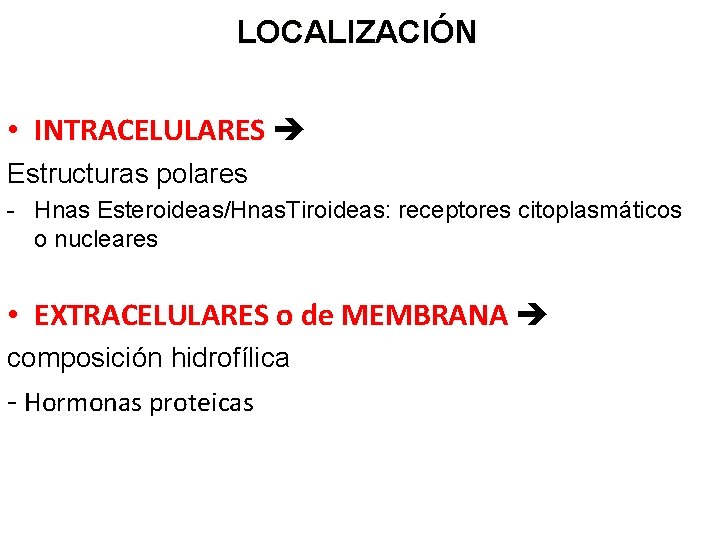 LOCALIZACIÓN • INTRACELULARES Estructuras polares - Hnas Esteroideas/Hnas. Tiroideas: receptores citoplasmáticos o nucleares • LOCALIZACIÓN • INTRACELULARES Estructuras polares - Hnas Esteroideas/Hnas. Tiroideas: receptores citoplasmáticos o nucleares •