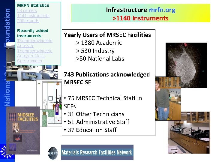 National Science Foundation MRFN Statistics 23 centers 1141 instruments 255 experts Recently added instruments