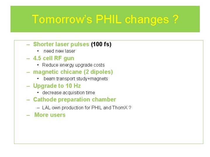 Tomorrow’s PHIL changes ? – Shorter laser pulses (100 fs) • need new laser