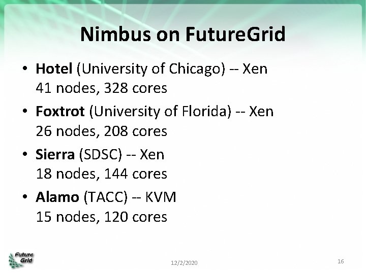 Nimbus on Future. Grid • Hotel (University of Chicago) -- Xen 41 nodes, 328