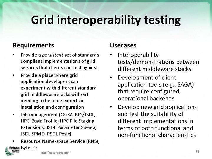 Grid interoperability testing Requirements • • Provide a persistent set of standardscompliant implementations of