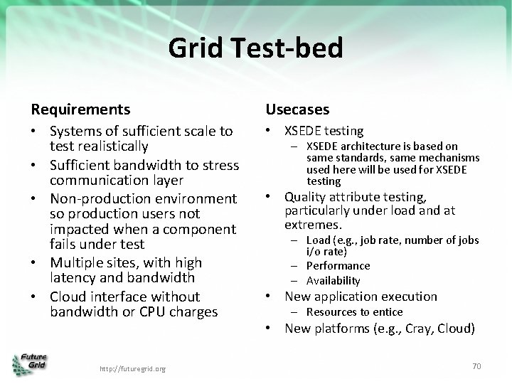 Grid Test-bed Requirements Usecases • Systems of sufficient scale to test realistically • Sufficient
