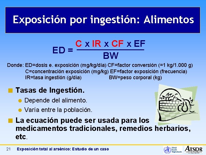 Exposición por ingestión: Alimentos C x IR x CF x EF ED = BW