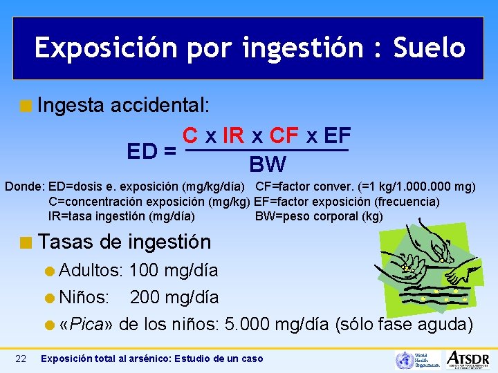 Exposición por ingestión : Suelo ¢ Ingesta accidental: C x IR x CF x