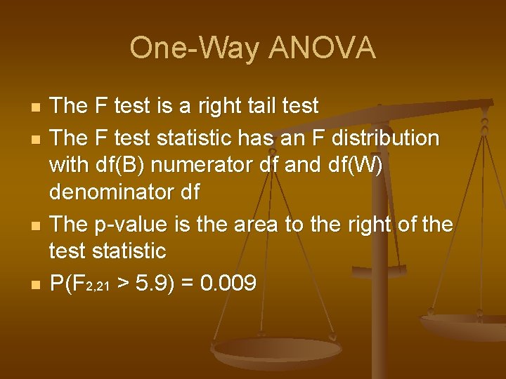 One-Way ANOVA n n The F test is a right tail test The F