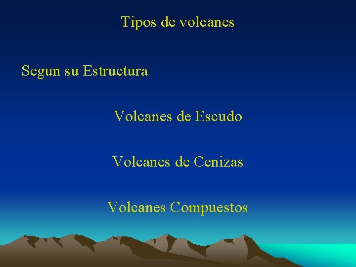 Tipos de volcanes Segun su Estructura Volcanes de Escudo Volcanes de Cenizas Volcanes Compuestos