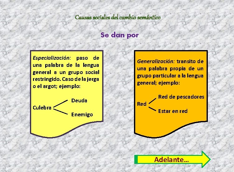 Causas sociales del cambio semántico Se dan por Especialización: paso de una palabra de