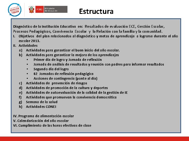 Estructura Diagnóstico de la Institución Educativa en: Resultados de evaluación ECE, Gestión Escolar, Procesos