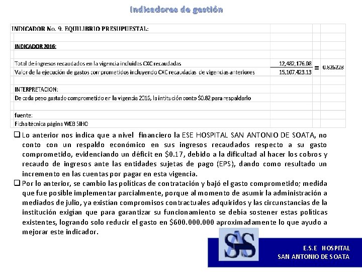 Indicadores de gestión q Lo anterior nos indica que a nivel financiero la ESE