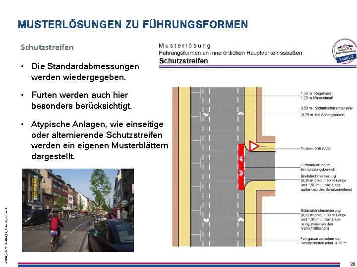 MUSTERLÖSUNGEN ZU FÜHRUNGSFORMEN Schutzstreifen • Die Standardabmessungen werden wiedergegeben. • Furten werden auch hier