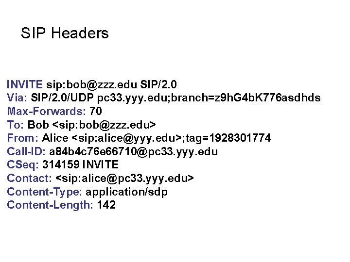 SIP Headers INVITE sip: bob@zzz. edu SIP/2. 0 Via: SIP/2. 0/UDP pc 33. yyy.