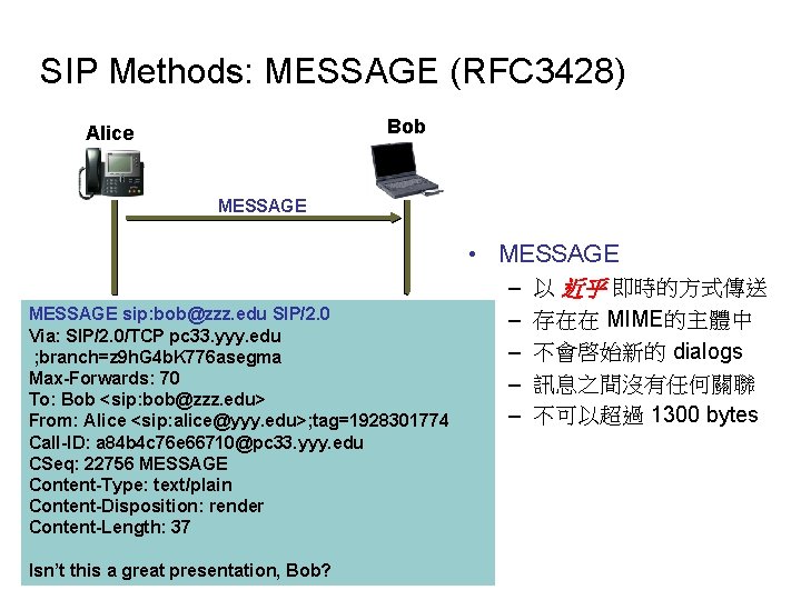 SIP Methods: MESSAGE (RFC 3428) Bob Alice MESSAGE • MESSAGE sip: bob@zzz. edu SIP/2.