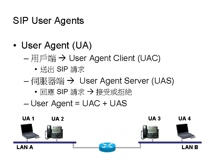 SIP User Agents • User Agent (UA) – 用戶端 User Agent Client (UAC) •