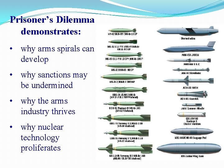 Prisoner’s Dilemma demonstrates: • why arms spirals can develop • why sanctions may be