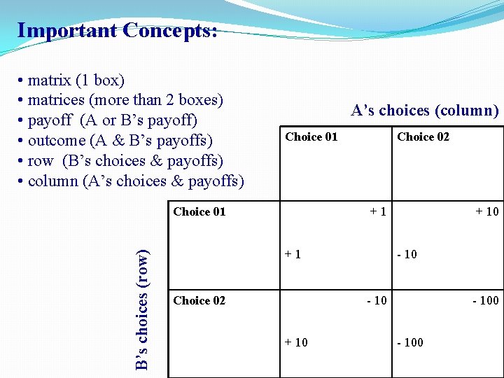 Important Concepts: • matrix (1 box) • matrices (more than 2 boxes) • payoff