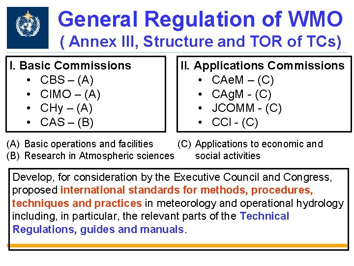 General Regulation of WMO ( Annex III, Structure and TOR of TCs) I. Basic General Regulation of WMO ( Annex III, Structure and TOR of TCs) I. Basic