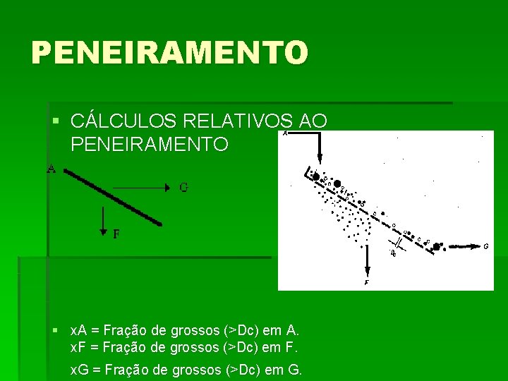 PENEIRAMENTO § CÁLCULOS RELATIVOS AO PENEIRAMENTO § x. A = Fração de grossos (>Dc)