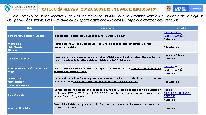 CATEGORÍA NUEVAS - 2 -012 B. SUBSIDIO EN ESPECIE (MICRODATO) En este archivo se