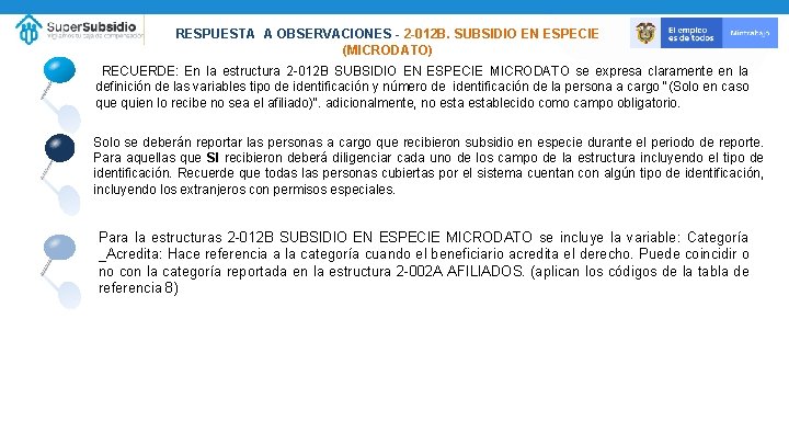 RESPUESTA A OBSERVACIONES - 2 -012 B. SUBSIDIO EN ESPECIE (MICRODATO) RECUERDE: En la