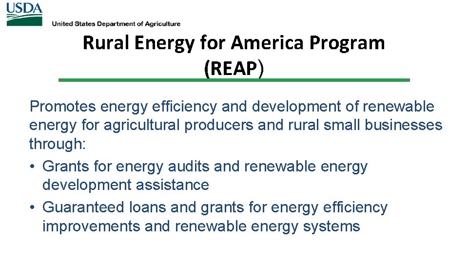 Rural Energy for America Program (REAP) Promotes energy efficiency and development of renewable energy
