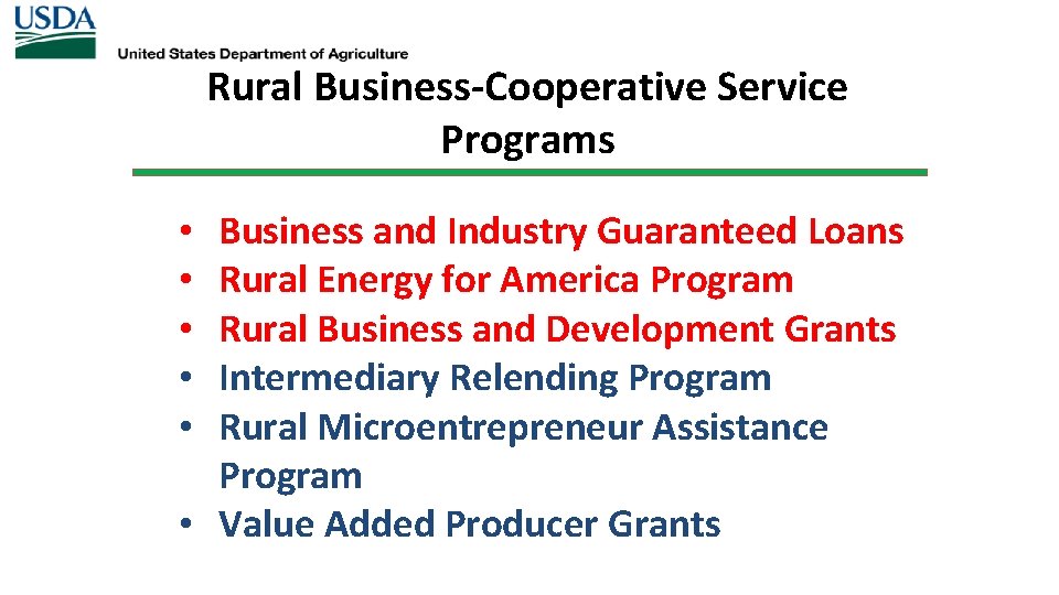 Rural Business-Cooperative Service Programs Business and Industry Guaranteed Loans Rural Energy for America Program