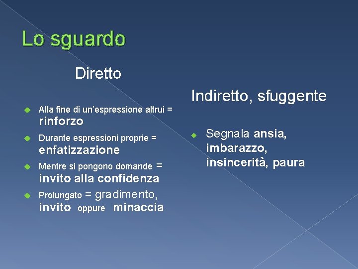 Lo sguardo Diretto Indiretto, sfuggente u Alla fine di un’espressione altrui = u Durante Lo sguardo Diretto Indiretto, sfuggente u Alla fine di un’espressione altrui = u Durante