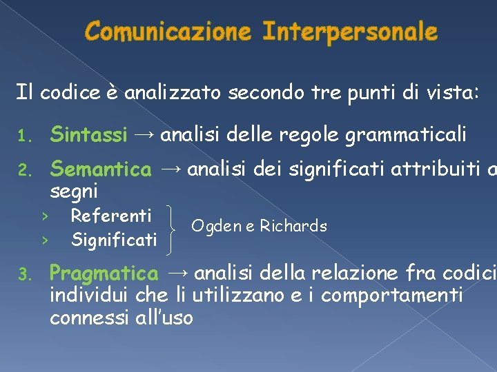 Comunicazione Interpersonale Il codice è analizzato secondo tre punti di vista: 1. Sintassi → Comunicazione Interpersonale Il codice è analizzato secondo tre punti di vista: 1. Sintassi →