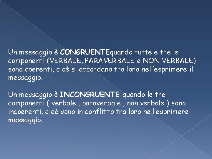Un messaggio è CONGRUENTEquando tutte e tre le componenti (VERBALE, PARAVERBALE e NON VERBALE) Un messaggio è CONGRUENTEquando tutte e tre le componenti (VERBALE, PARAVERBALE e NON VERBALE)